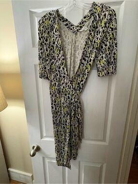 Diane Von Furstenberg Black, White & Lime Geometric Print Wrap Dress